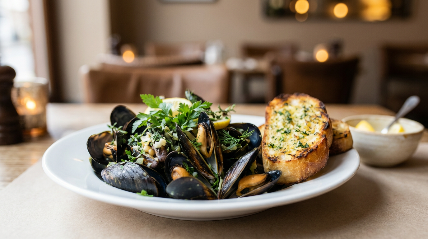 Steamed Mussels with Garlic Herb Grilled Sourdough