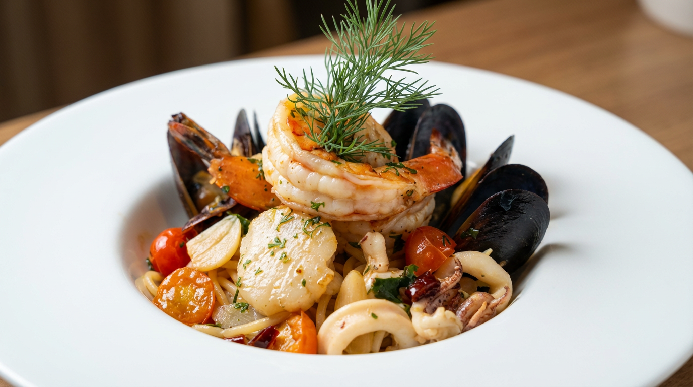 Seafood Linguine with Herb Garnish