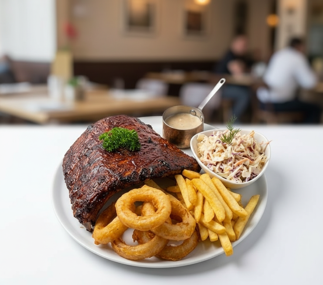 BBQ Pork Ribs with Fries, Onion Rings, Coleslaw and Peppercorn Sauce