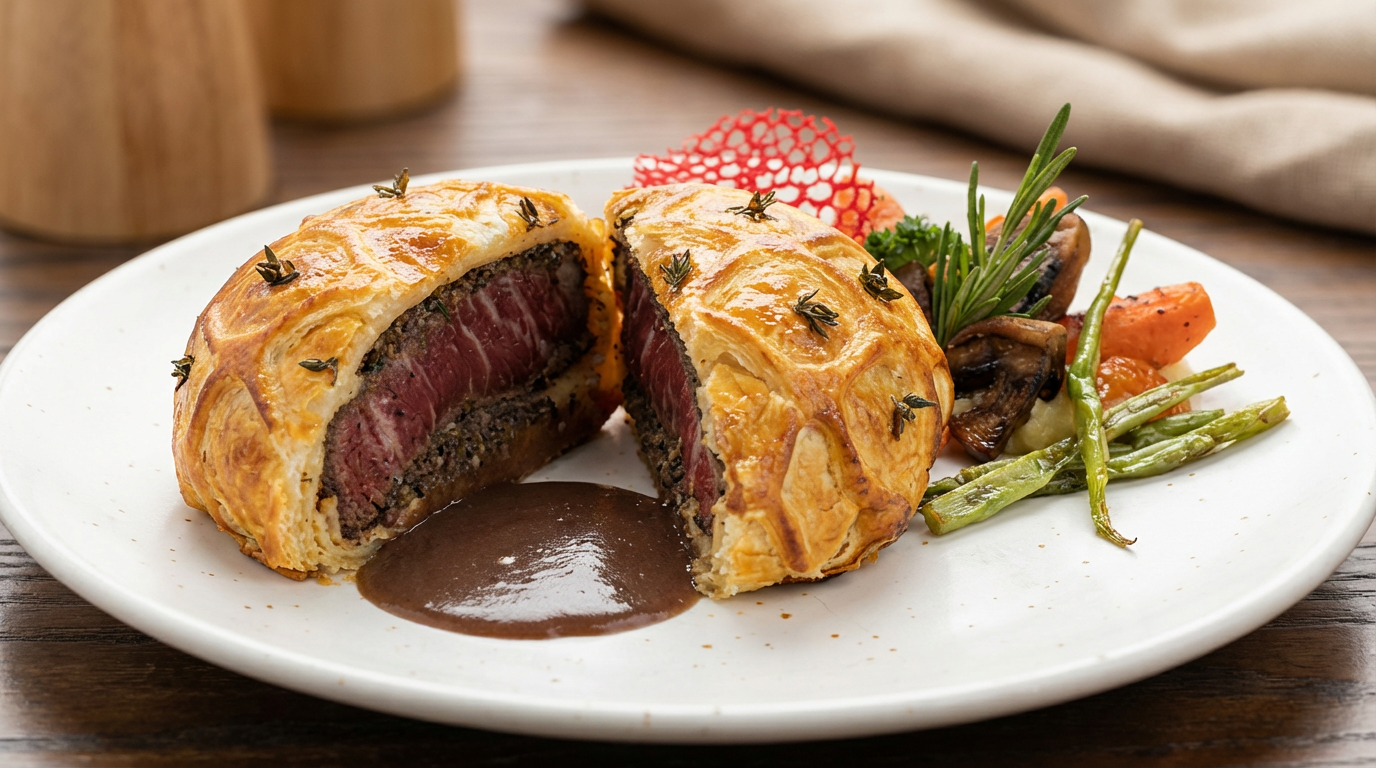 Beef Wellington with Red Wine Sauce, Mashed Potato, and Seasonal Vegetables